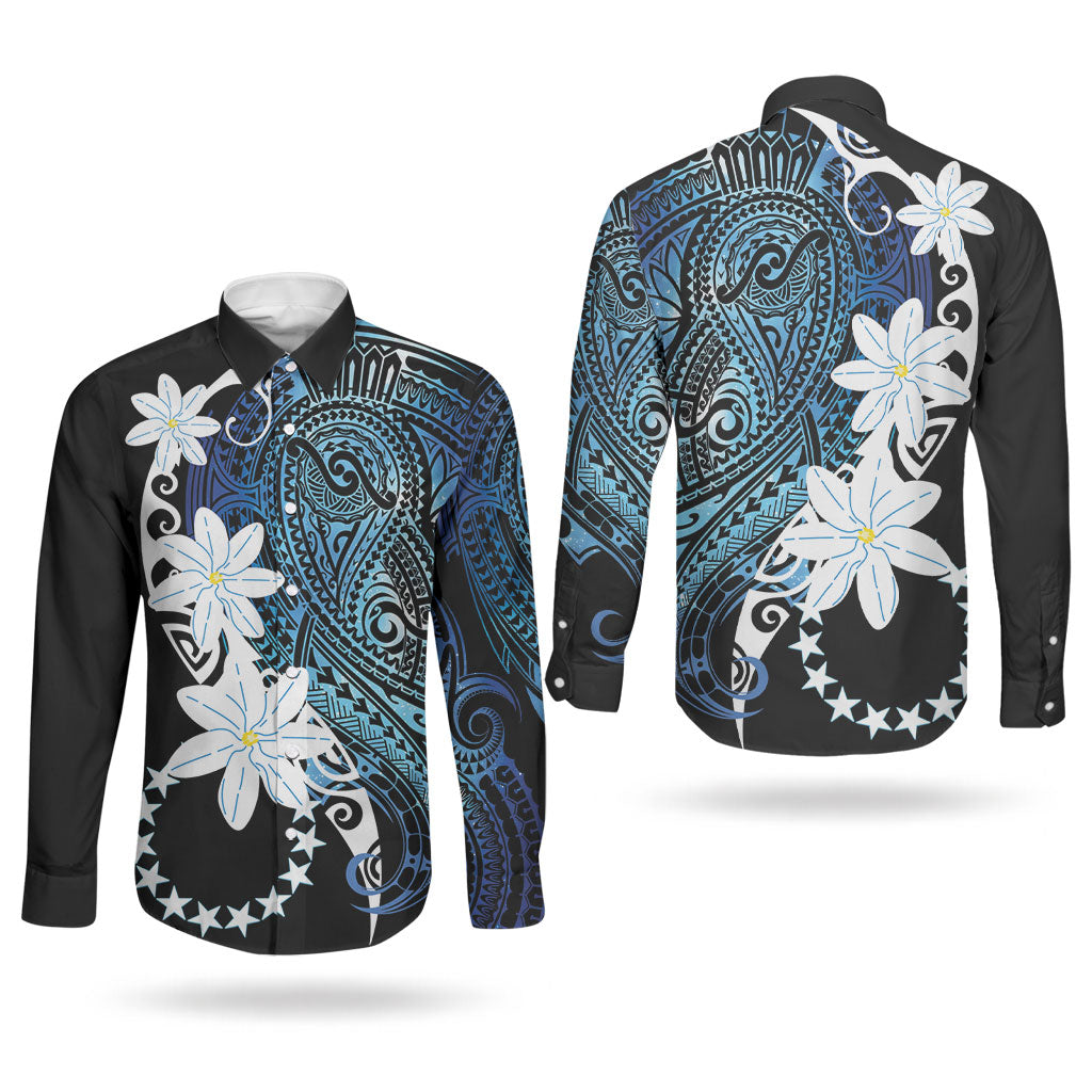 Cook Islands Maori Language Week Couples Matching Long Sleeve Bodycon Dress and Long Sleeve Button Shirt Tiare Maori Kuki Airani Blue Pattern