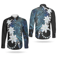 Cook Islands Maori Language Week Couples Matching Off Shoulder Maxi Dress and Long Sleeve Button Shirt Tiare Maori Kuki Airani Blue Pattern