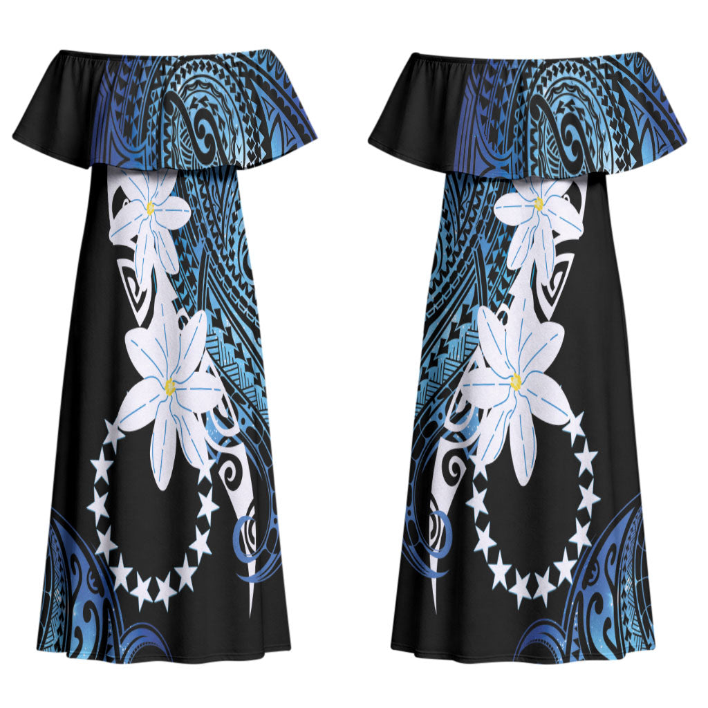 Cook Islands Maori Language Week Couples Matching Off Shoulder Maxi Dress and Long Sleeve Button Shirt Tiare Maori Kuki Airani Blue Pattern