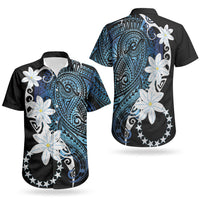 Cook Islands Maori Language Week Couples Matching Off Shoulder Short Dress and Hawaiian Shirt Tiare Maori Kuki Airani Blue Pattern