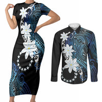 Cook Islands Maori Language Week Couples Matching Short Sleeve Bodycon Dress and Long Sleeve Button Shirt Tiare Maori Kuki Airani Blue Pattern