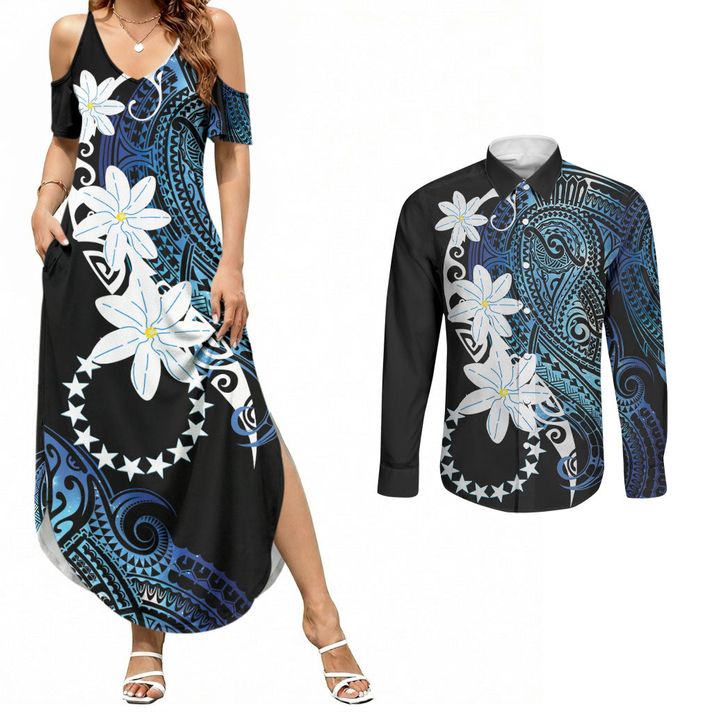 Cook Islands Maori Language Week Couples Matching Summer Maxi Dress and Long Sleeve Button Shirt Tiare Maori Kuki Airani Blue Pattern