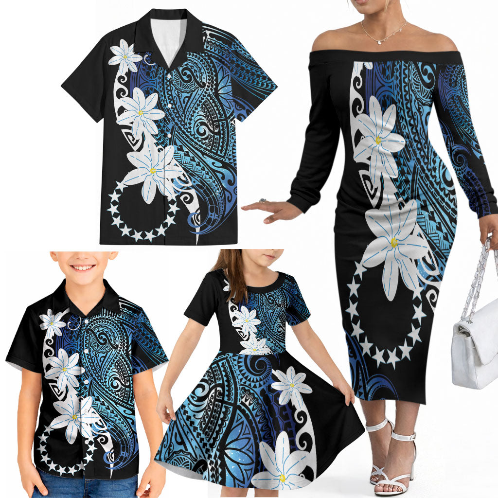 Cook Islands Maori Language Week Family Matching Off The Shoulder Long Sleeve Dress and Hawaiian Shirt Tiare Maori Kuki Airani Blue Pattern