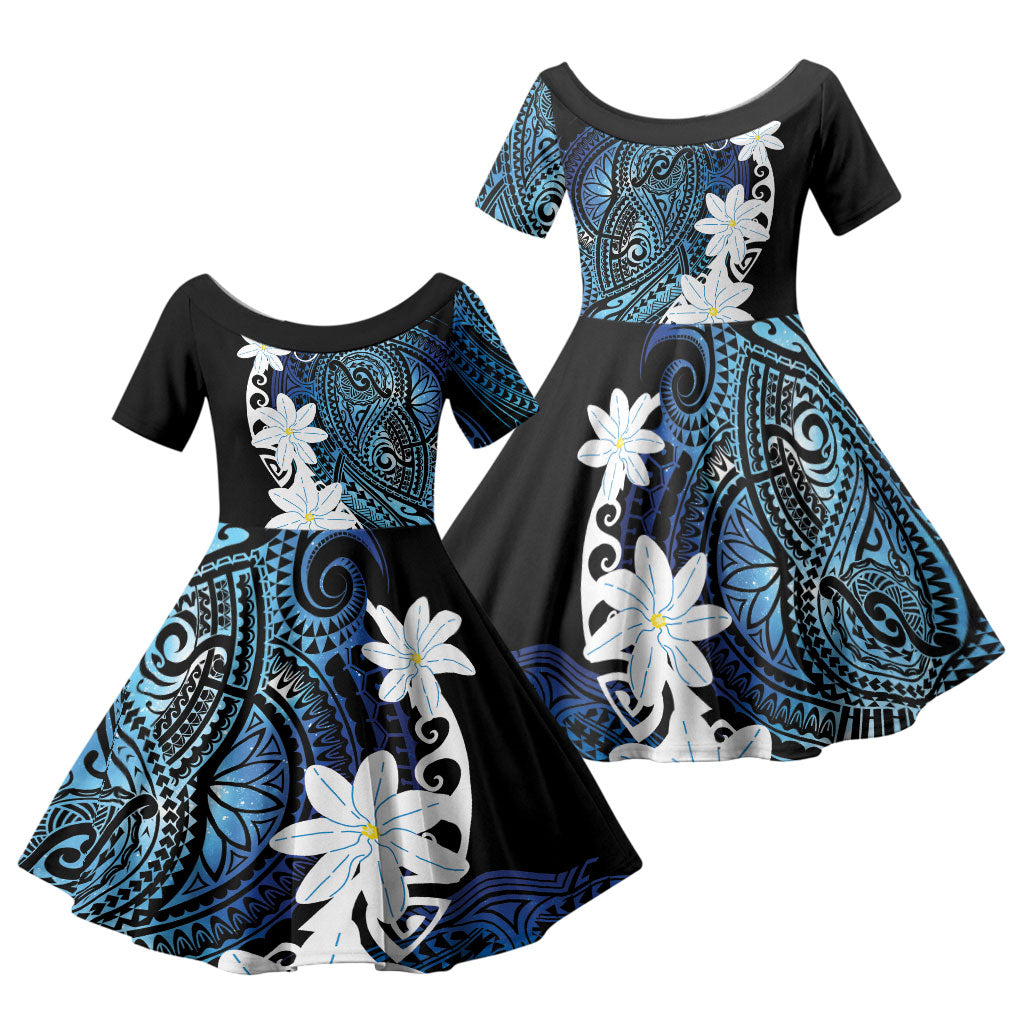 Cook Islands Maori Language Week Family Matching Off The Shoulder Long Sleeve Dress and Hawaiian Shirt Tiare Maori Kuki Airani Blue Pattern