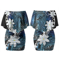 Cook Islands Maori Language Week Family Matching Off Shoulder Short Dress and Hawaiian Shirt Tiare Maori Kuki Airani Blue Pattern