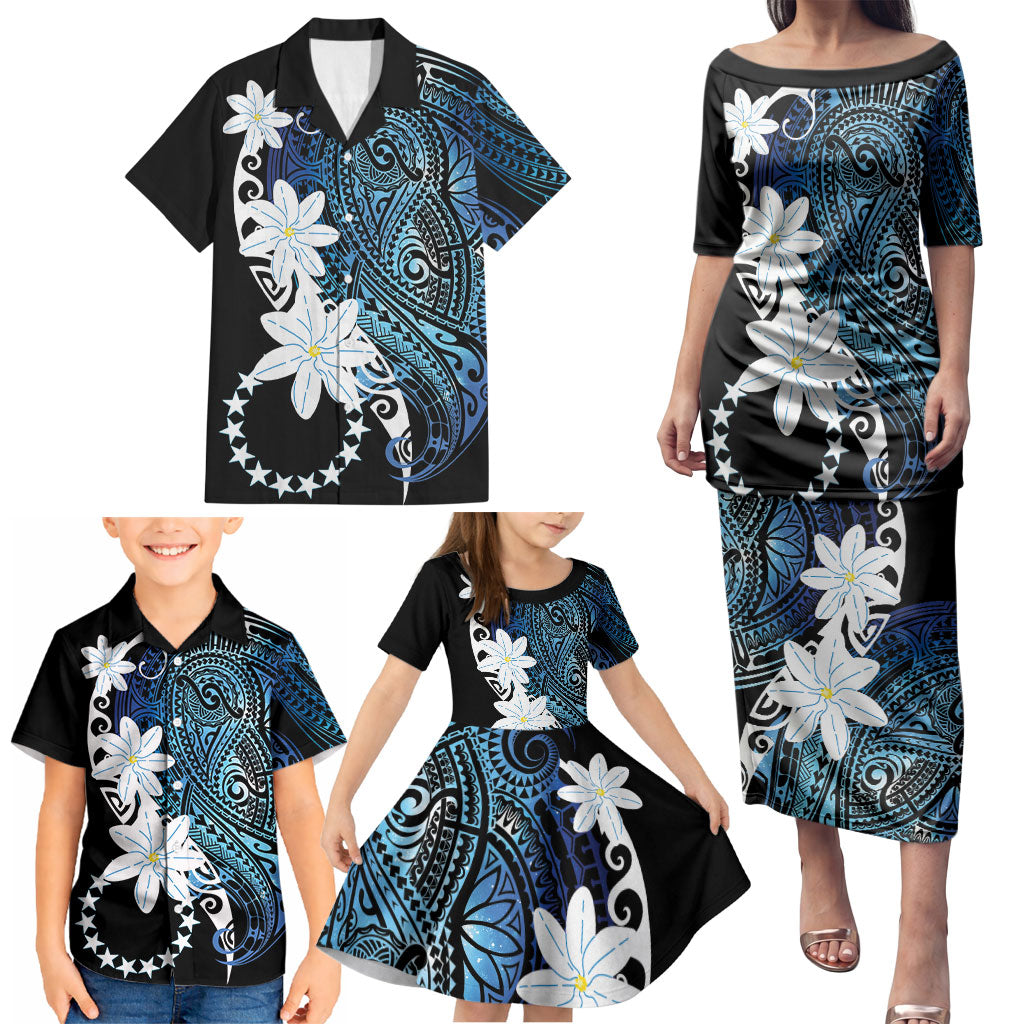 Cook Islands Maori Language Week Family Matching Puletasi and Hawaiian Shirt Tiare Maori Kuki Airani Blue Pattern LT22 - Polynesian Pride