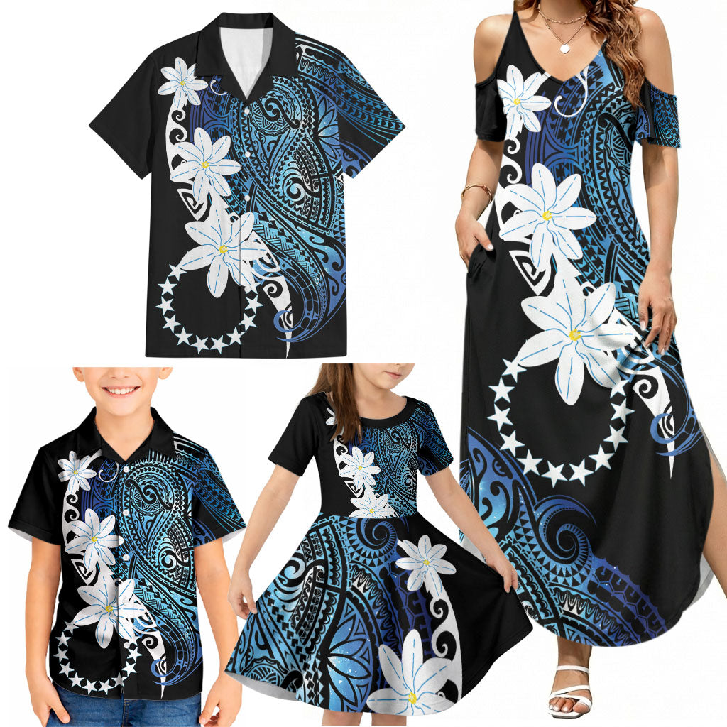 Cook Islands Maori Language Week Family Matching Summer Maxi Dress and Hawaiian Shirt Tiare Maori Kuki Airani Blue Pattern LT22 - Polynesian Pride