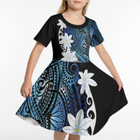 Cook Islands Maori Language Week Kid Short Sleeve Dress Tiare Maori Kuki Airani Blue Pattern