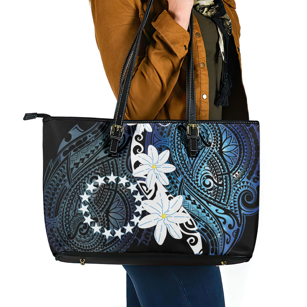 Cook Islands Maori Language Week Leather Tote Bag Tiare Maori Kuki Airani Blue Pattern