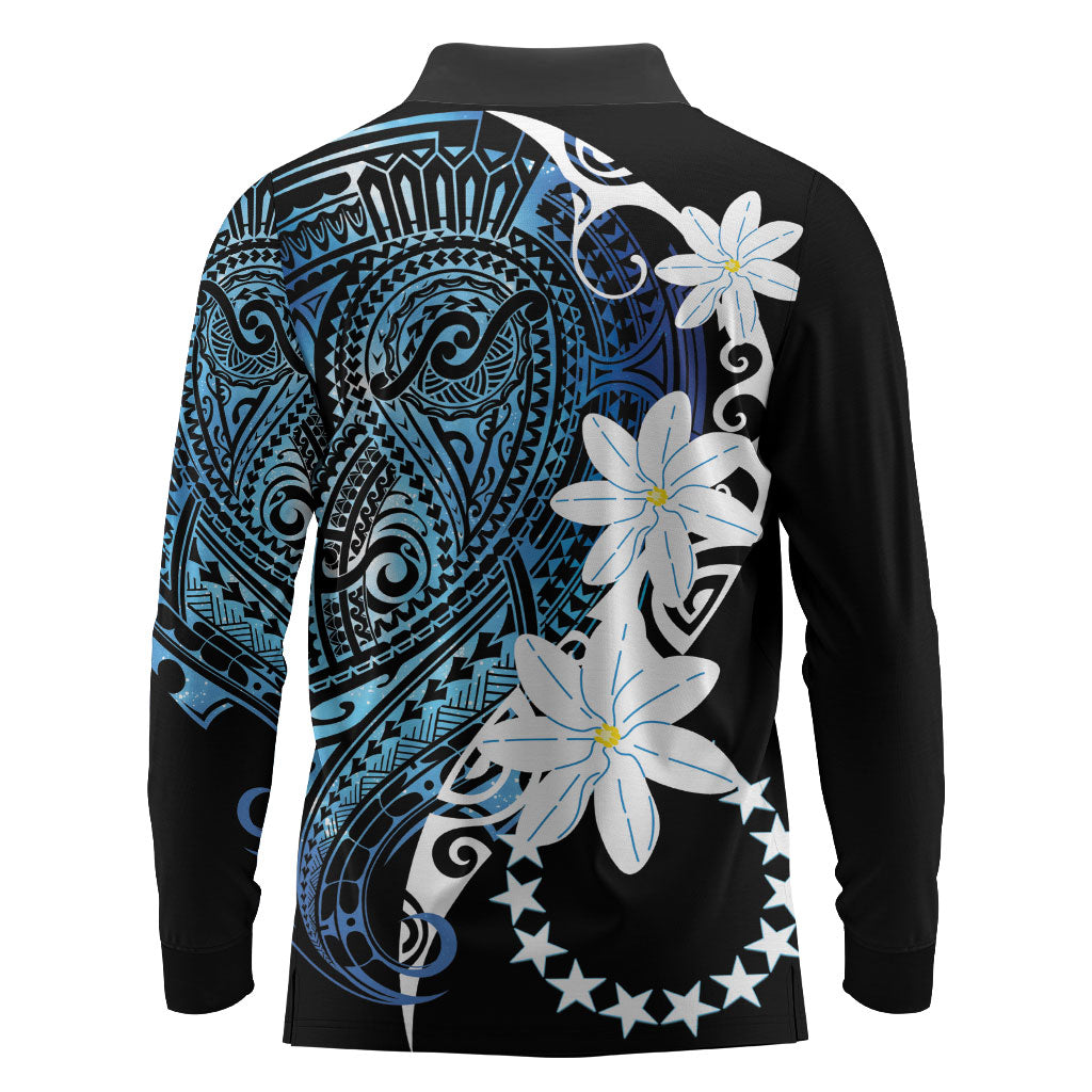 Cook Islands Maori Language Week Long Sleeve Polo Shirt Tiare Maori Kuki Airani Blue Pattern