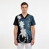 Cook Islands Maori Language Week Scrub Top Tiare Maori Kuki Airani Blue Pattern