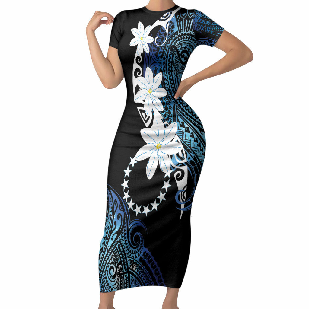 Cook Islands Maori Language Week Short Sleeve Bodycon Dress Tiare Maori Kuki Airani Blue Pattern