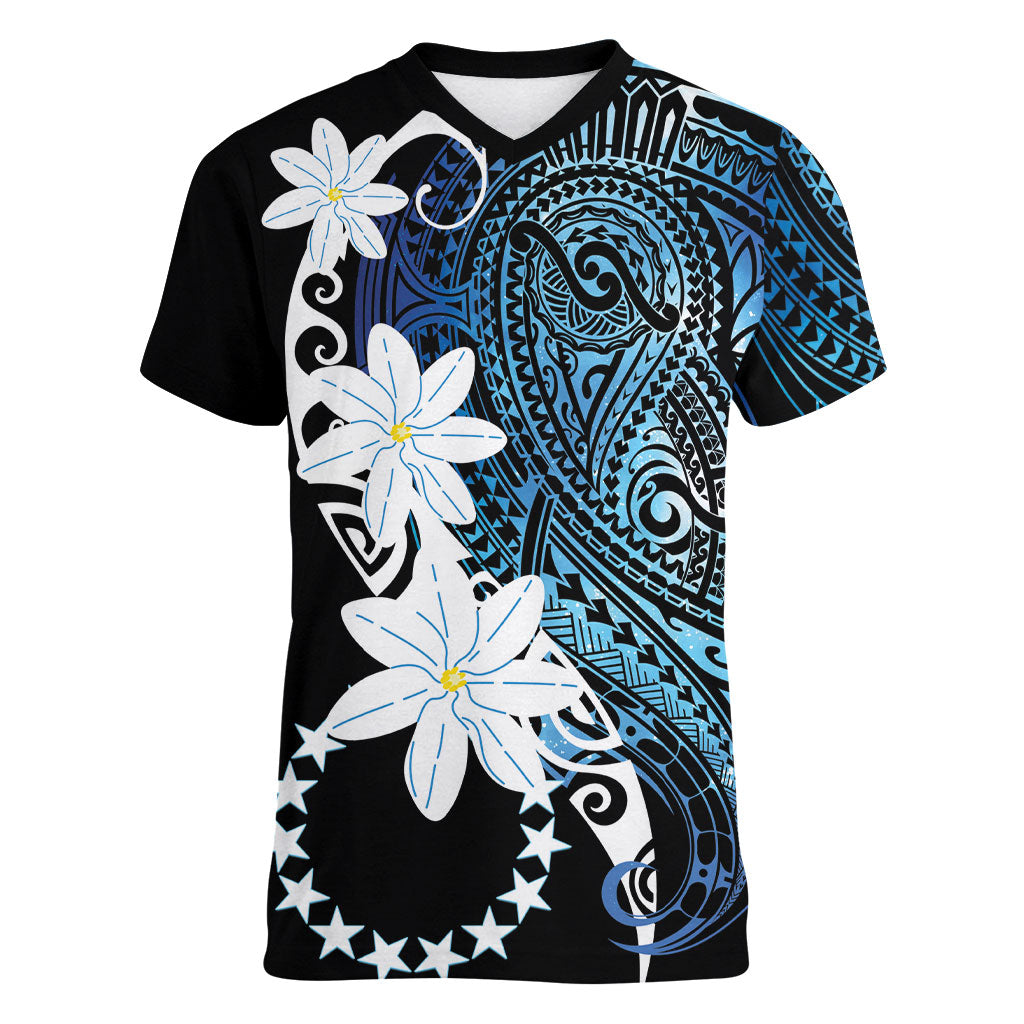 Cook Islands Maori Language Week Women V-Neck T-Shirt Tiare Maori Kuki Airani Blue Pattern