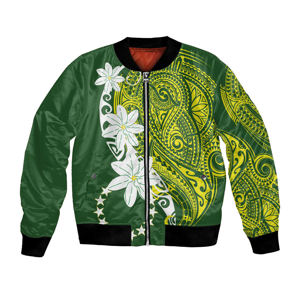 Cook Islands Maori Language Week Bomber Jacket Tiare Maori Kuki Airani Green Pattern LT22 Unisex Green - Polynesian Pride