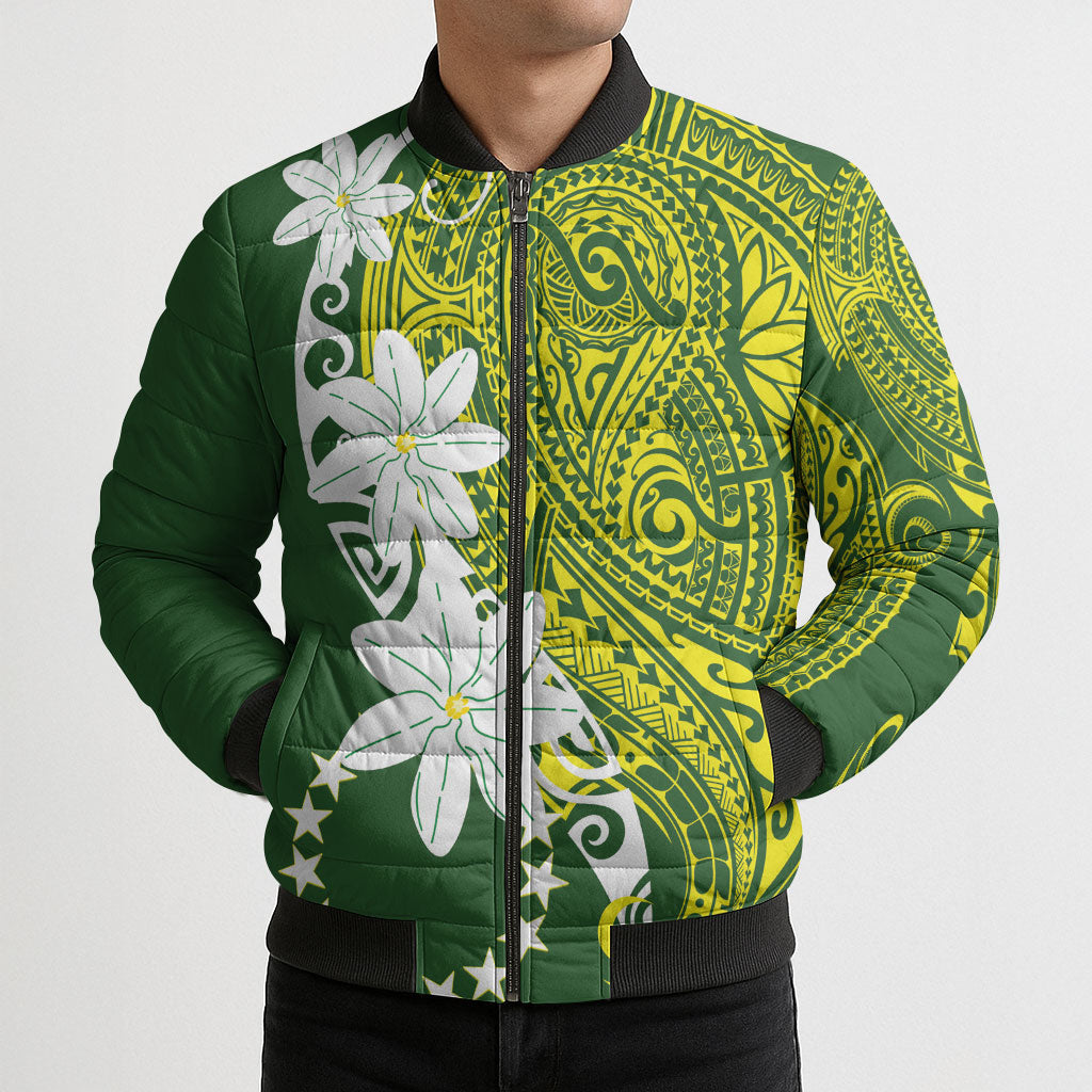 Cook Islands Maori Language Week Bomber Puffer Jacket Tiare Maori Kuki Airani Green Pattern