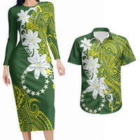Cook Islands Maori Language Week Couples Matching Long Sleeve Bodycon Dress and Hawaiian Shirt Tiare Maori Kuki Airani Green Pattern