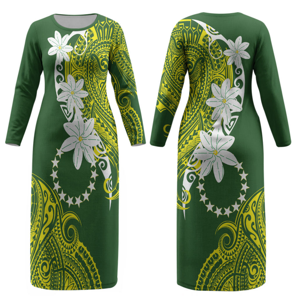 Cook Islands Maori Language Week Couples Matching Long Sleeve Bodycon Dress and Long Sleeve Button Shirt Tiare Maori Kuki Airani Green Pattern