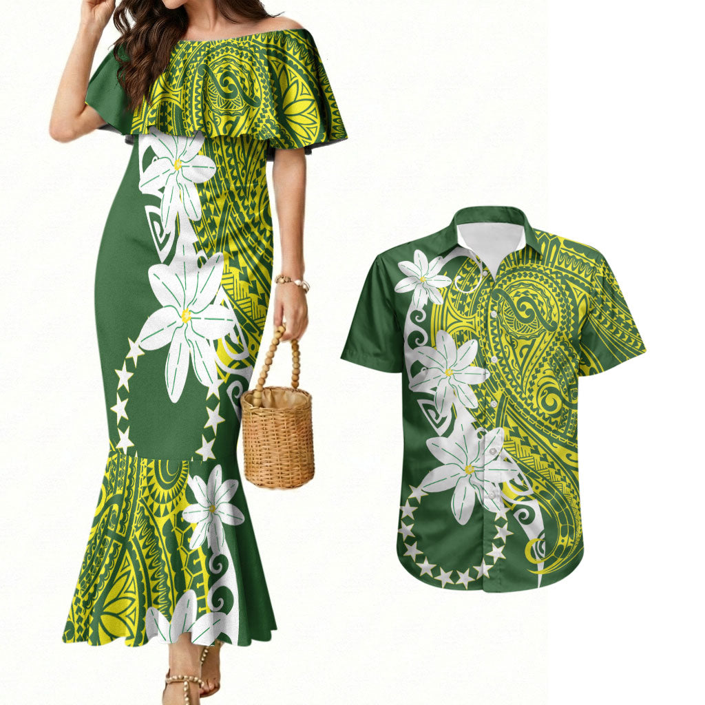 Cook Islands Maori Language Week Couples Matching Mermaid Dress and Hawaiian Shirt Tiare Maori Kuki Airani Green Pattern LT22 Green - Polynesian Pride