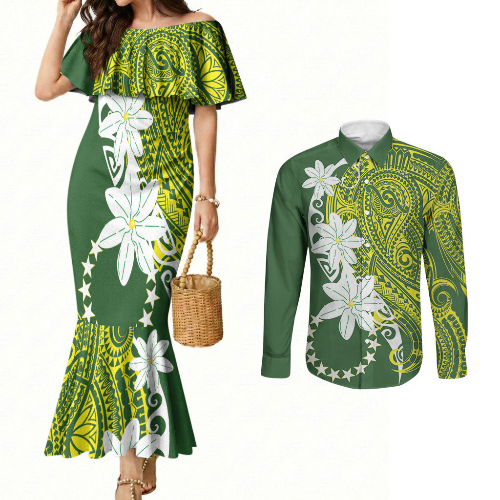 Cook Islands Maori Language Week Couples Matching Mermaid Dress and Long Sleeve Button Shirt Tiare Maori Kuki Airani Green Pattern