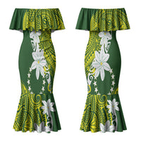 Cook Islands Maori Language Week Couples Matching Mermaid Dress and Long Sleeve Button Shirt Tiare Maori Kuki Airani Green Pattern