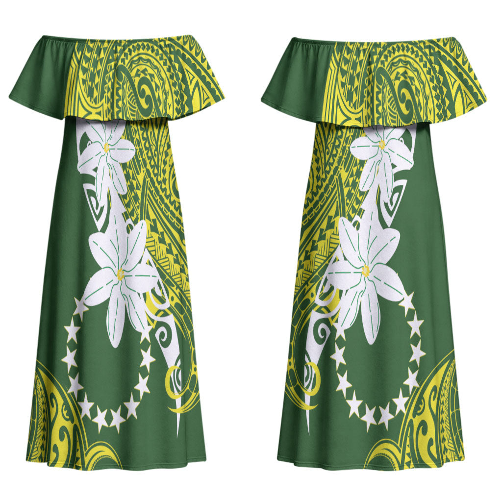 Cook Islands Maori Language Week Couples Matching Off Shoulder Maxi Dress and Hawaiian Shirt Tiare Maori Kuki Airani Green Pattern