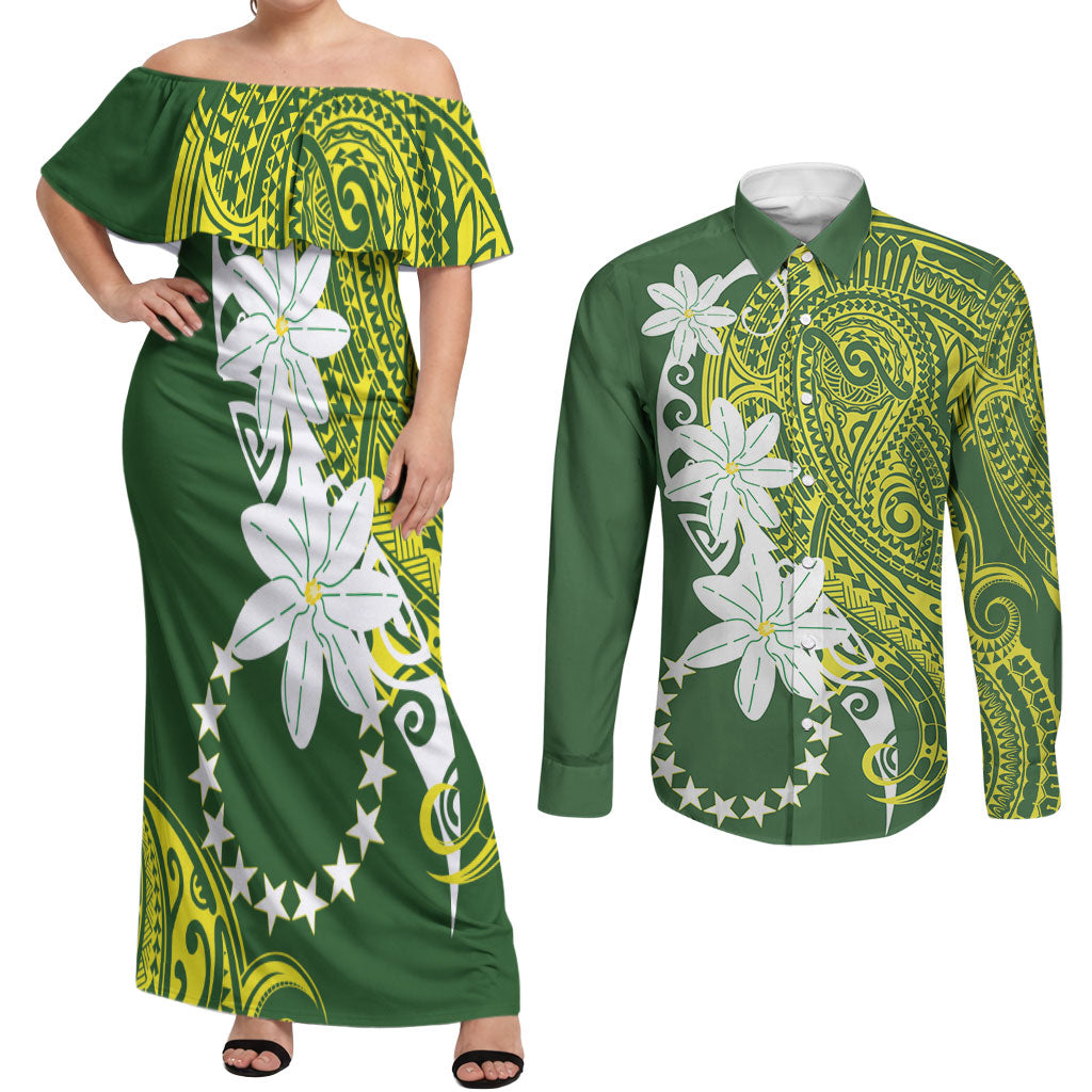 Cook Islands Maori Language Week Couples Matching Off Shoulder Maxi Dress and Long Sleeve Button Shirt Tiare Maori Kuki Airani Green Pattern