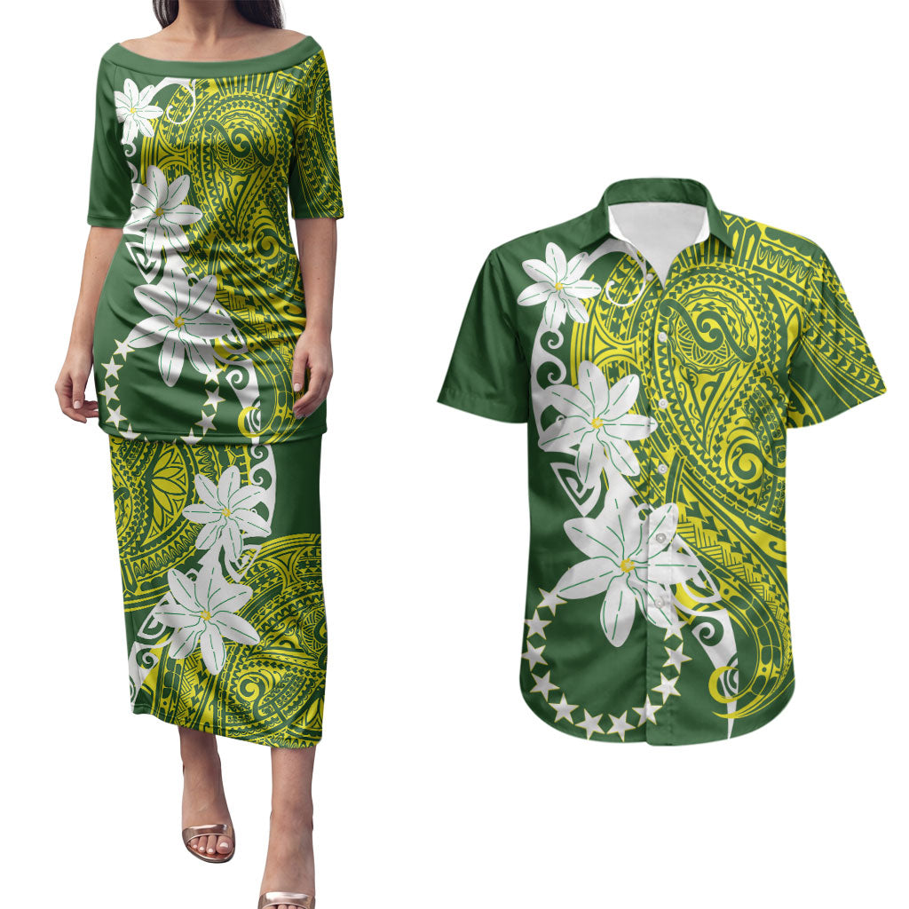 Cook Islands Maori Language Week Couples Matching Puletasi and Hawaiian Shirt Tiare Maori Kuki Airani Green Pattern LT22 Green - Polynesian Pride