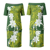 Cook Islands Maori Language Week Couples Matching Puletasi and Long Sleeve Button Shirt Tiare Maori Kuki Airani Green Pattern