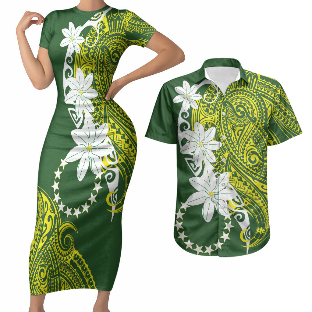 Cook Islands Maori Language Week Couples Matching Short Sleeve Bodycon Dress and Hawaiian Shirt Tiare Maori Kuki Airani Green Pattern LT22 Green - Polynesian Pride
