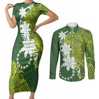 Cook Islands Maori Language Week Couples Matching Short Sleeve Bodycon Dress and Long Sleeve Button Shirt Tiare Maori Kuki Airani Green Pattern