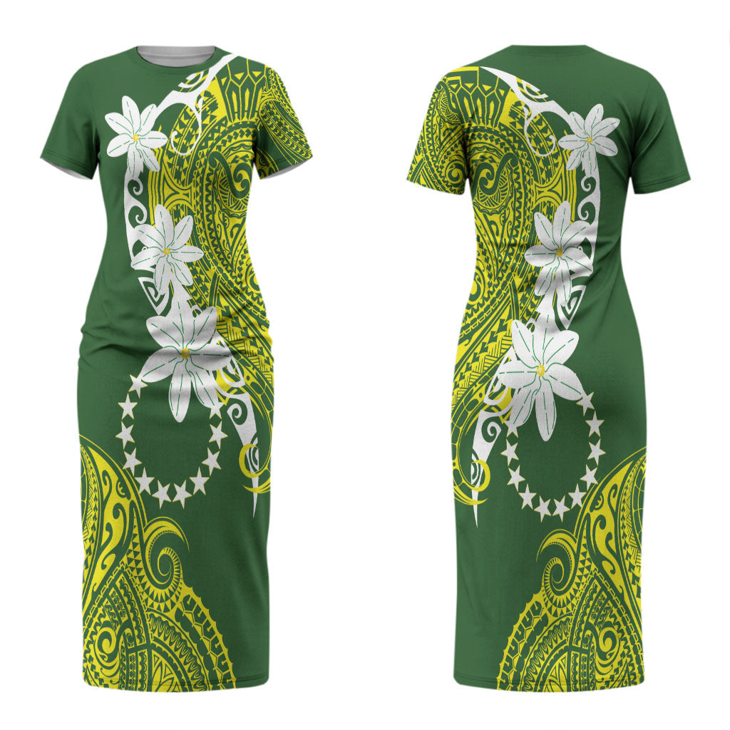 Cook Islands Maori Language Week Couples Matching Short Sleeve Bodycon Dress and Long Sleeve Button Shirt Tiare Maori Kuki Airani Green Pattern