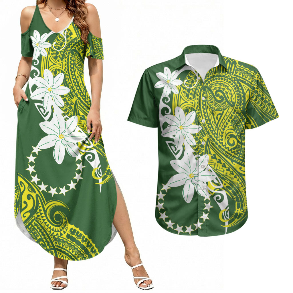 Cook Islands Maori Language Week Couples Matching Summer Maxi Dress and Hawaiian Shirt Tiare Maori Kuki Airani Green Pattern
