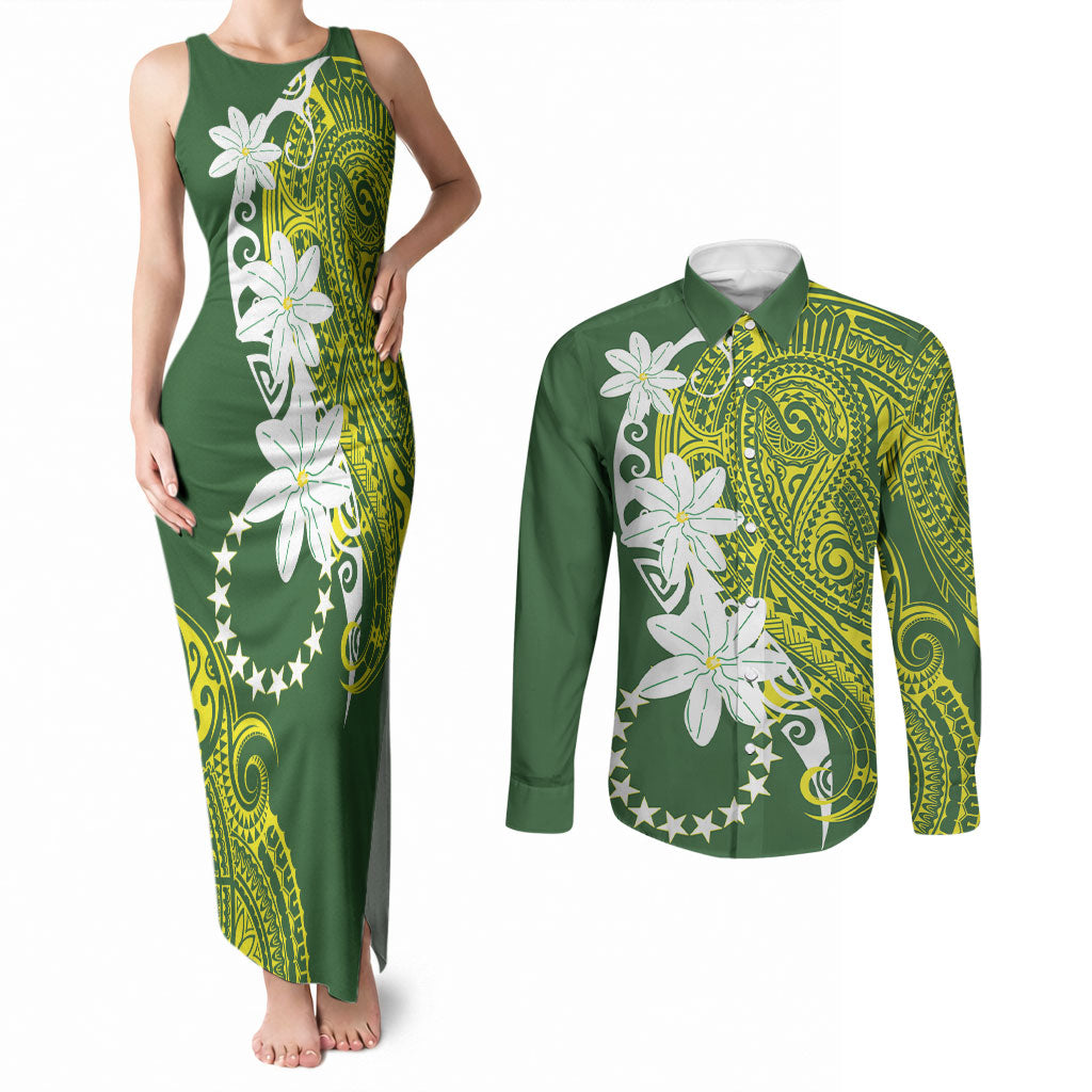 Cook Islands Maori Language Week Couples Matching Tank Maxi Dress and Long Sleeve Button Shirt Tiare Maori Kuki Airani Green Pattern