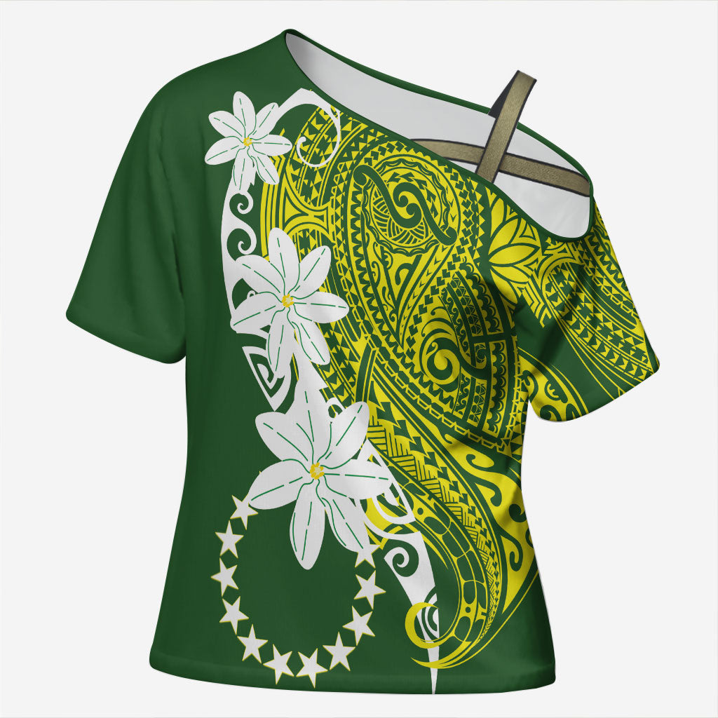 Cook Islands Maori Language Week Cross Shoulder Shirt Tiare Maori Kuki Airani Green Pattern