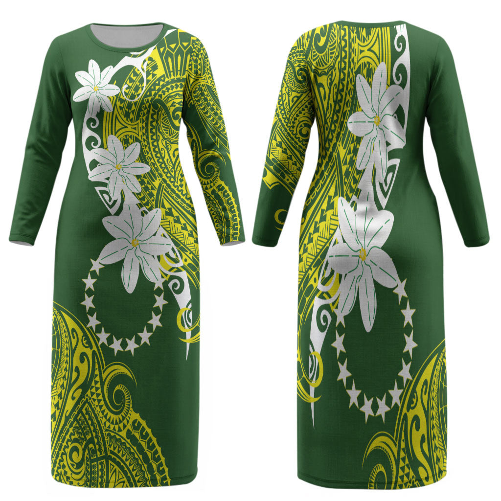 Cook Islands Maori Language Week Family Matching Long Sleeve Bodycon Dress and Hawaiian Shirt Tiare Maori Kuki Airani Green Pattern