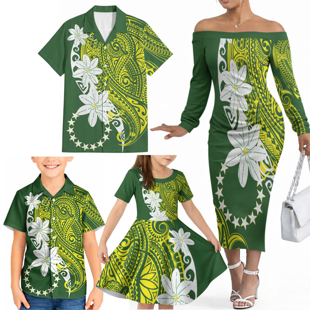 Cook Islands Maori Language Week Family Matching Off The Shoulder Long Sleeve Dress and Hawaiian Shirt Tiare Maori Kuki Airani Green Pattern