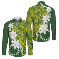 Cook Islands Maori Language Week Family Matching Off The Shoulder Long Sleeve Dress and Hawaiian Shirt Tiare Maori Kuki Airani Green Pattern