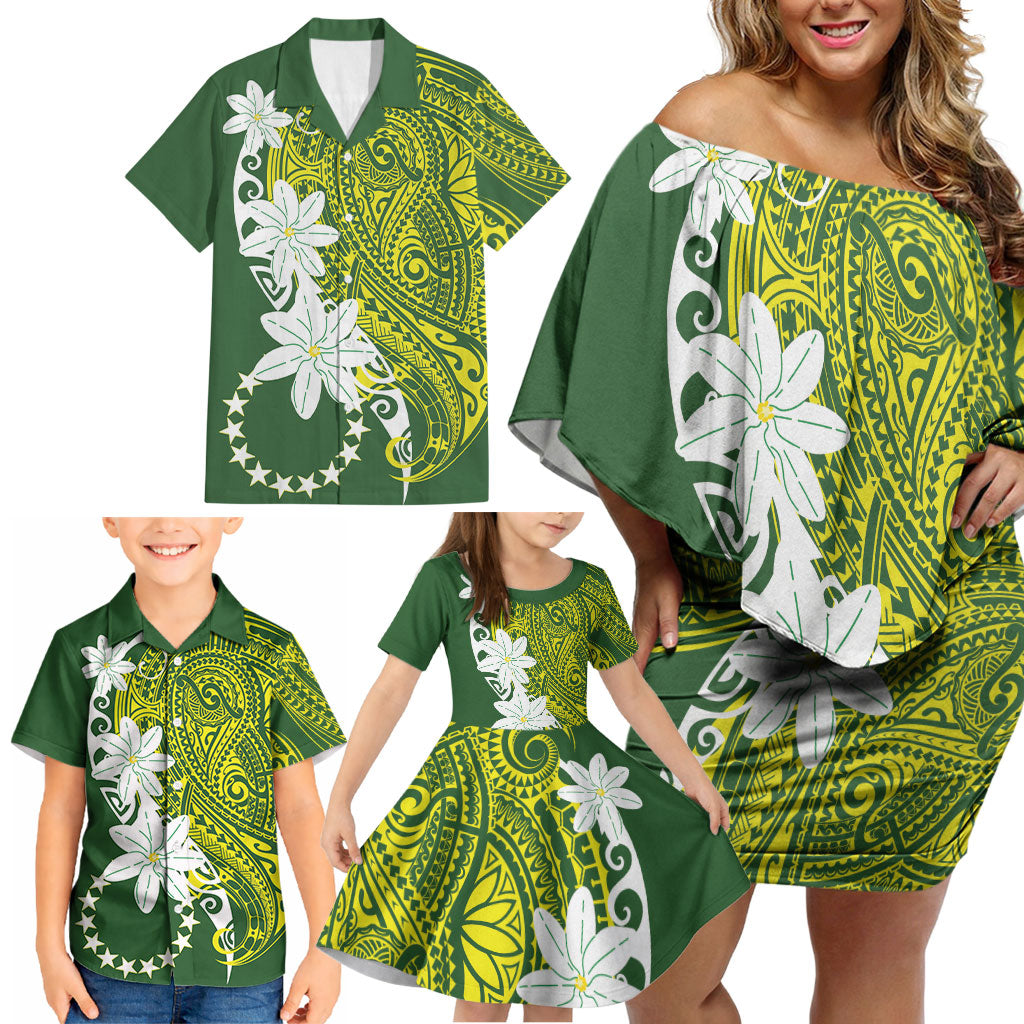 Cook Islands Maori Language Week Family Matching Off Shoulder Short Dress and Hawaiian Shirt Tiare Maori Kuki Airani Green Pattern LT22 - Polynesian Pride