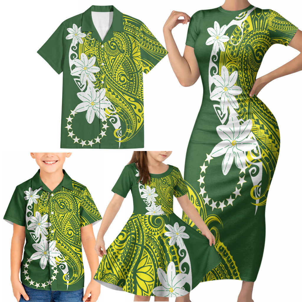 Cook Islands Maori Language Week Family Matching Short Sleeve Bodycon Dress and Hawaiian Shirt Tiare Maori Kuki Airani Green Pattern