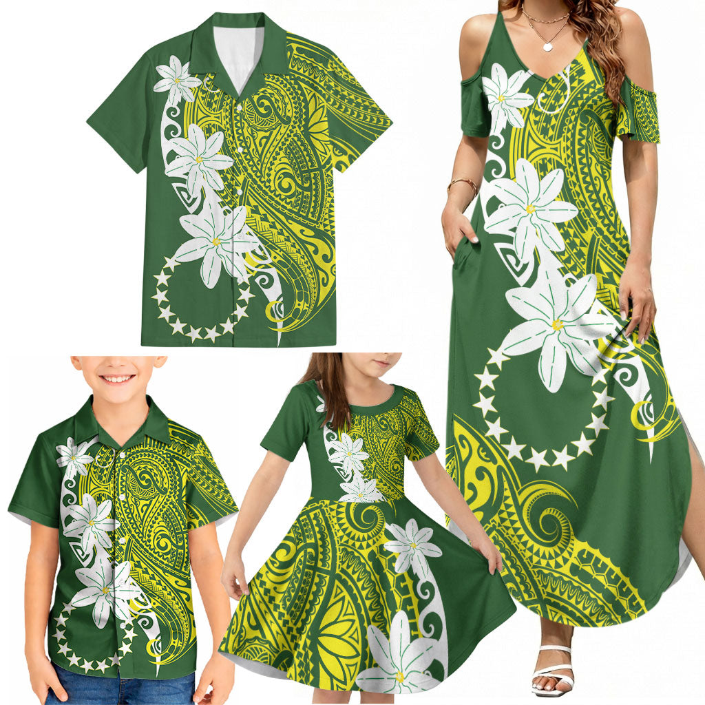 Cook Islands Maori Language Week Family Matching Summer Maxi Dress and Hawaiian Shirt Tiare Maori Kuki Airani Green Pattern
