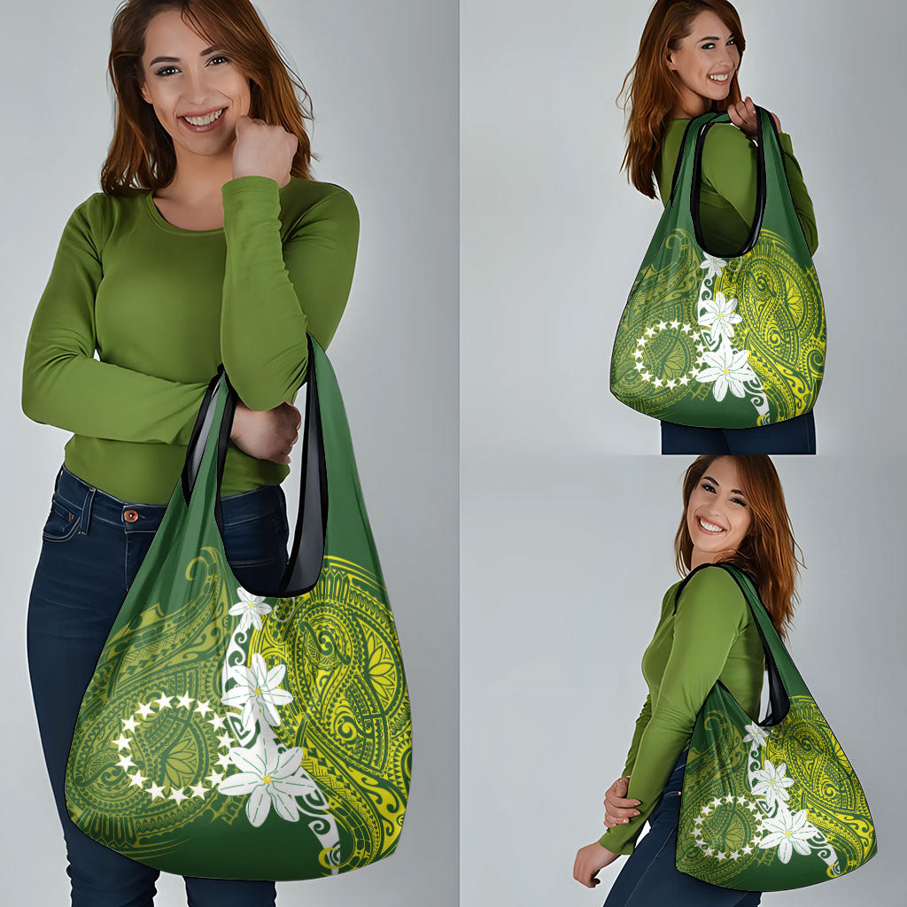 Cook Islands Maori Language Week Grocery Bag Tiare Maori Kuki Airani Green Pattern