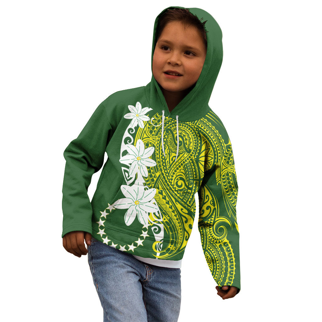 Cook Islands Maori Language Week Kid Hoodie Tiare Maori Kuki Airani Green Pattern