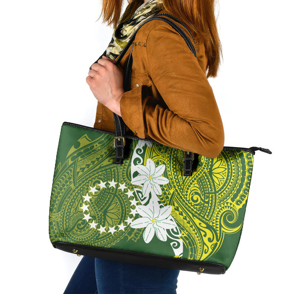 Cook Islands Maori Language Week Leather Tote Bag Tiare Maori Kuki Airani Green Pattern