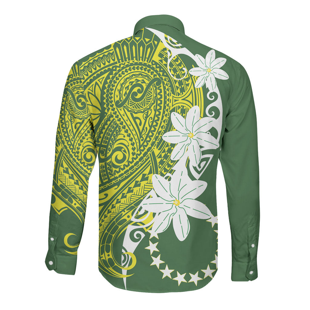 Cook Islands Maori Language Week Long Sleeve Button Shirt Tiare Maori Kuki Airani Green Pattern