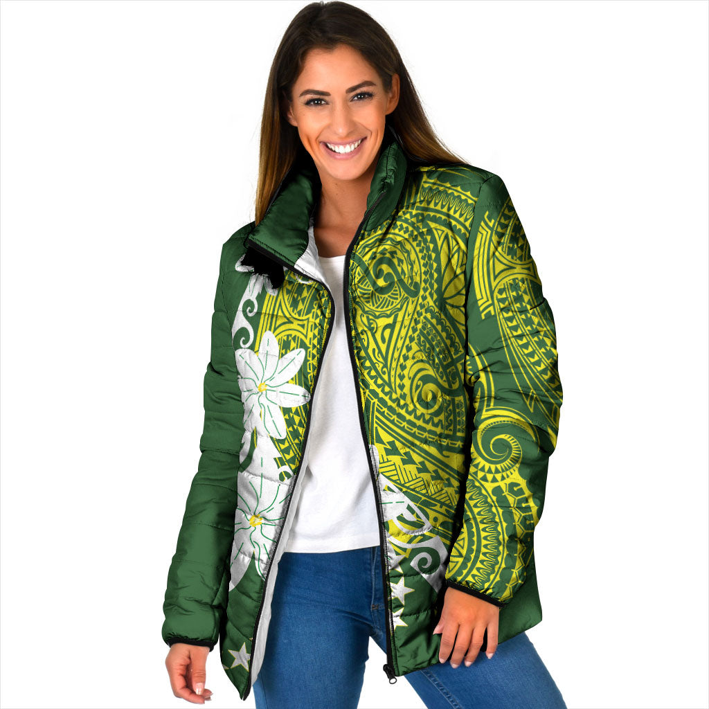 Cook Islands Maori Language Week Padded Jacket Tiare Maori Kuki Airani Green Pattern