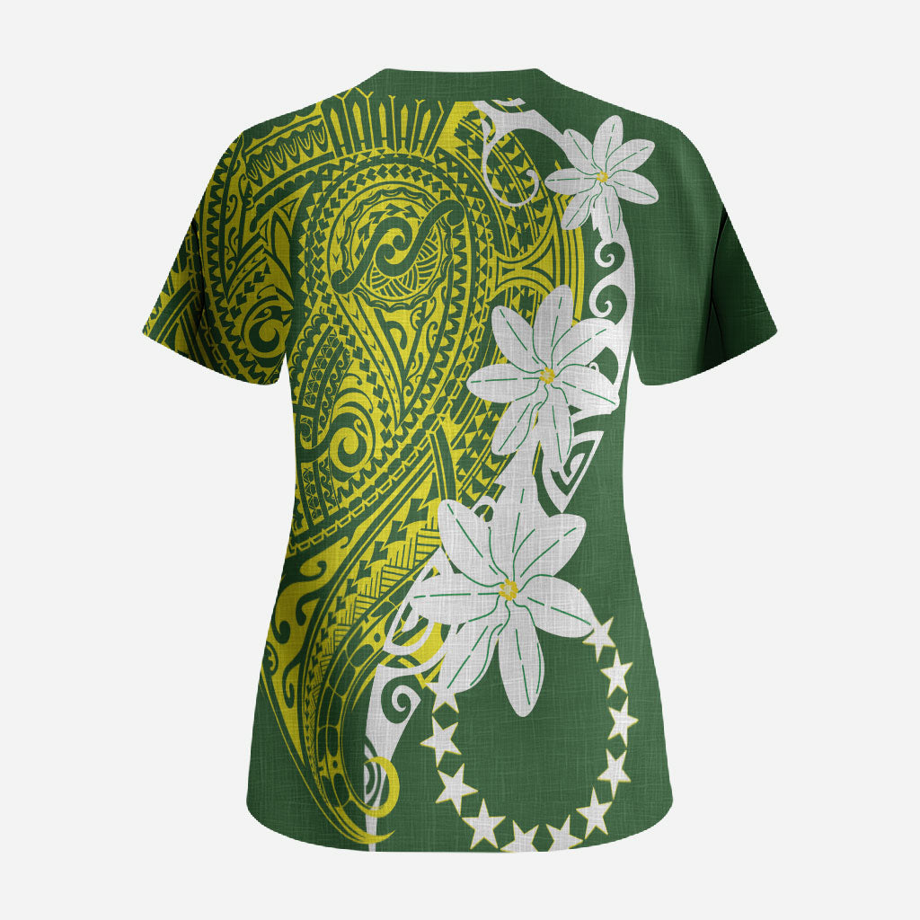 Cook Islands Maori Language Week Scrub Top Tiare Maori Kuki Airani Green Pattern