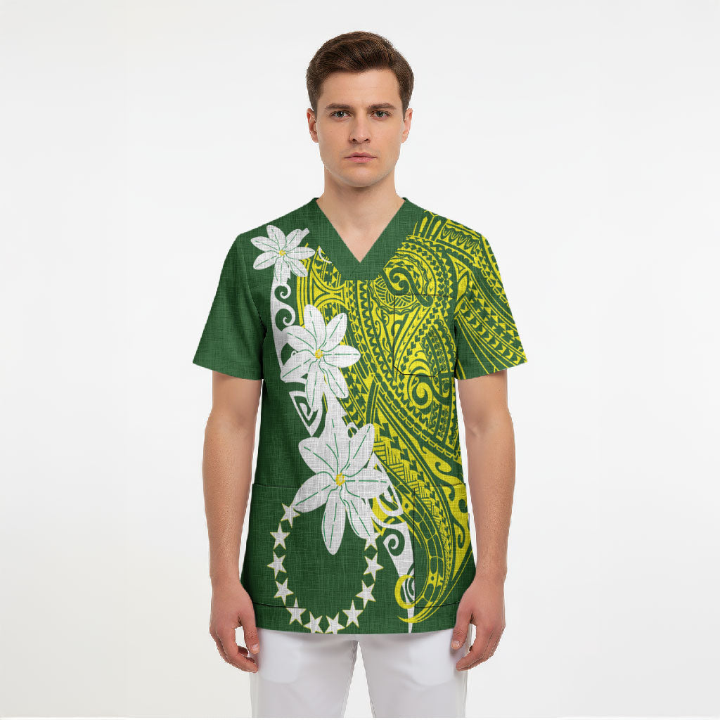 Cook Islands Maori Language Week Scrub Top Tiare Maori Kuki Airani Green Pattern