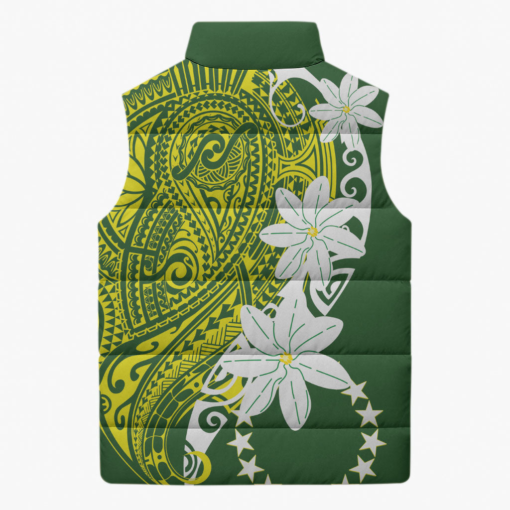 Cook Islands Maori Language Week Sleeveless Puffer Jacket Tiare Maori Kuki Airani Green Pattern