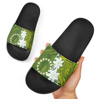 Cook Islands Maori Language Week Slide Sandals Tiare Maori Kuki Airani Green Pattern