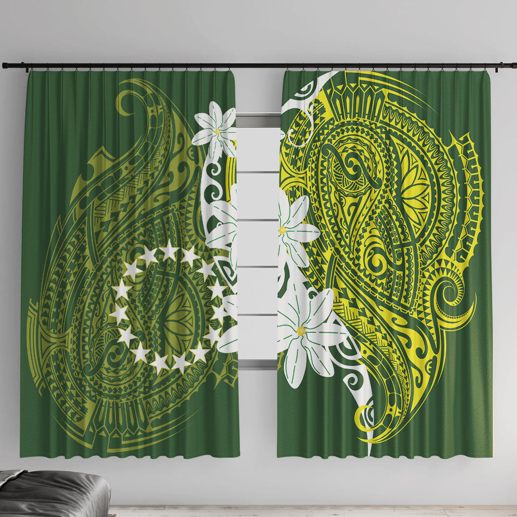 Cook Islands Maori Language Week Window Curtain Tiare Maori Kuki Airani Green Pattern LT22 With Hooks Green - Polynesian Pride